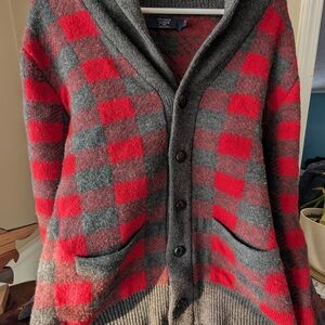 J. Crew Red and Gray Plaid Cardigan Sweater